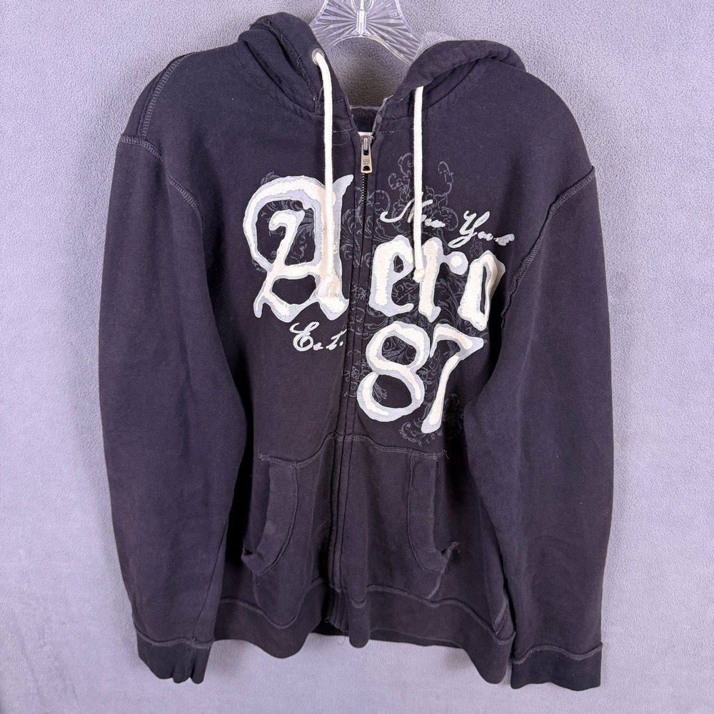 Aeropostale Hoodie Mens XL Black Full Zip Graphic Logo Y2K Grunge Skate